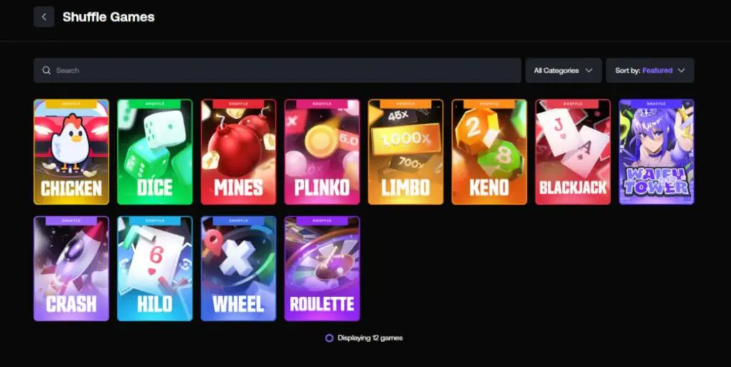 Screenshot of provably fair original games for Shuffle casino review.