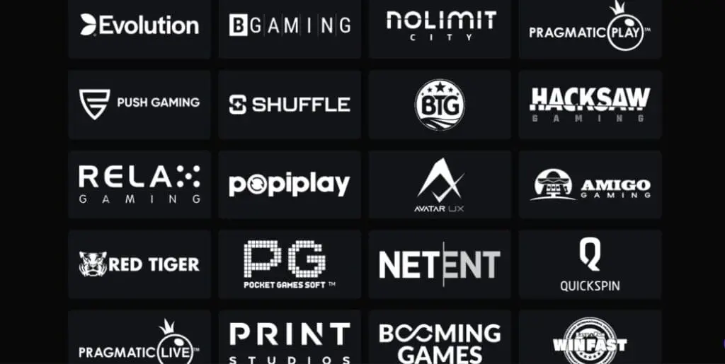 Screenshot of game providers for Shuffle casino review.