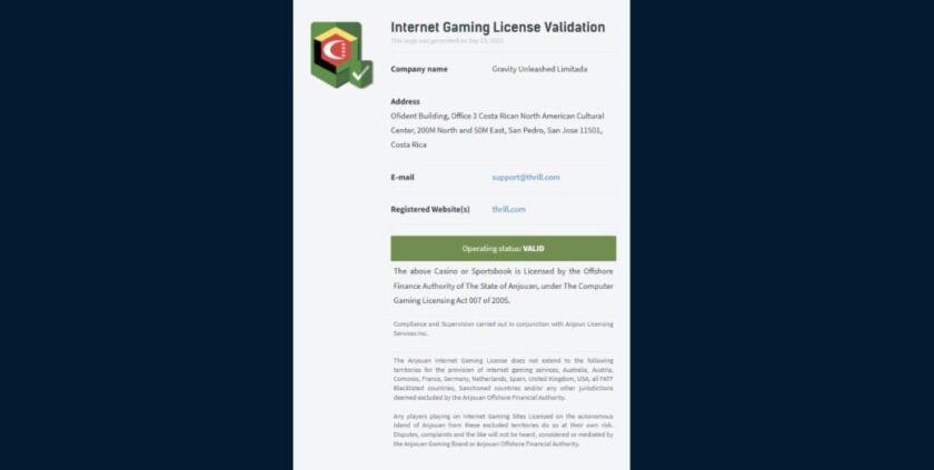 Thrill.com - Anjouan License