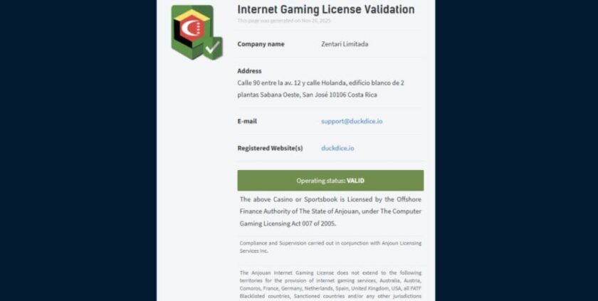 DuckDice - Anjouan License - Nov 25