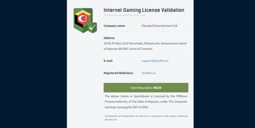 Duelbits License 2025 Anjouan
