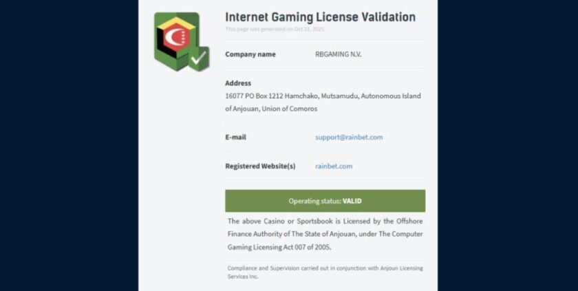 Rainbet - Anjouan License